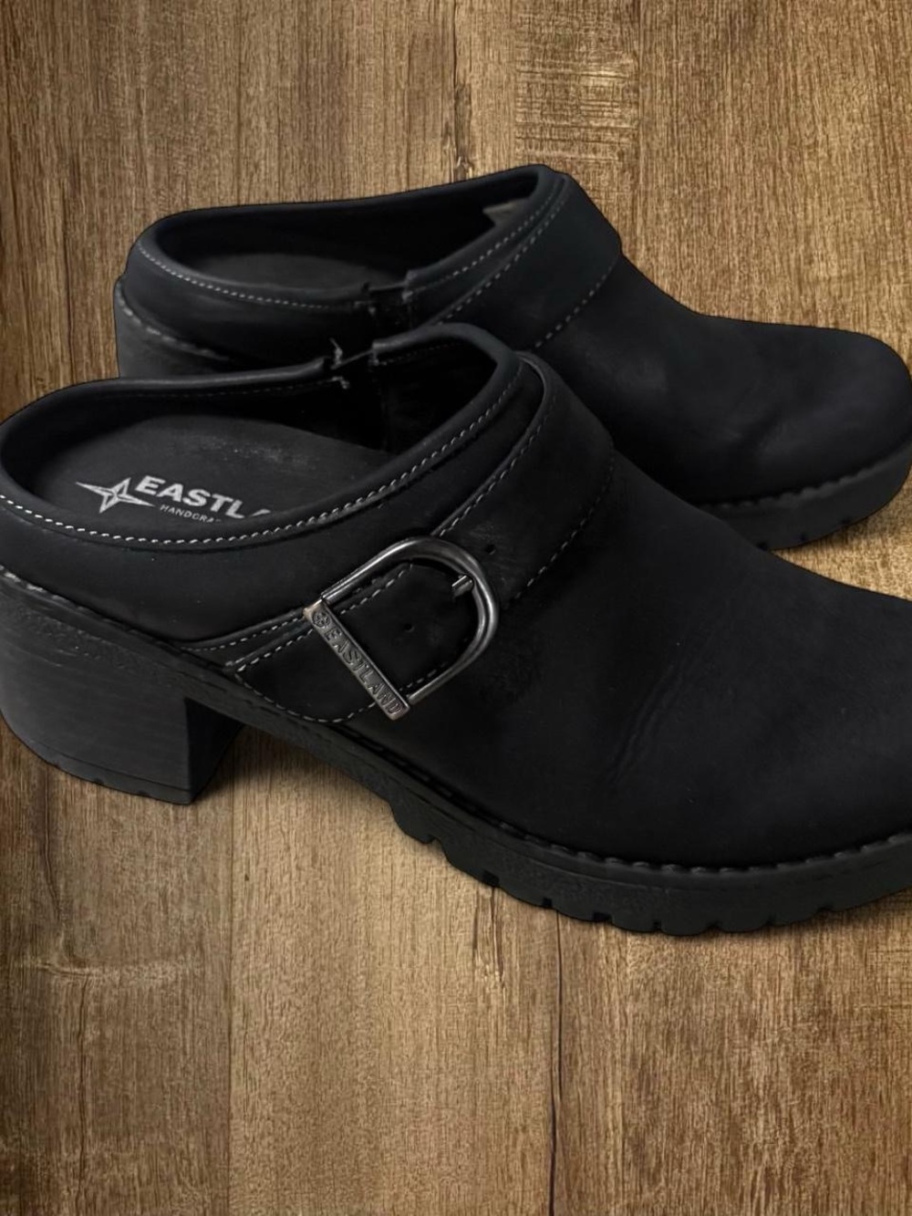 Eastland Black Slip-On Mule with Buckle Accent